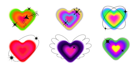 Set of six colorful neon gradient hearts with glowing effects, sparkles, and abstract elements on a white background. Vector illustration in Y2K aesthetic. Love and Valentine's Day concept.