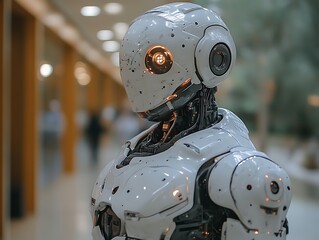 Futuristic humanoid robot in a modern building.