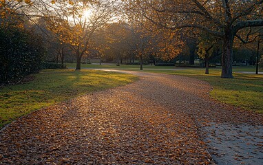 Autumnal park path with fallen leaves, sunlight.