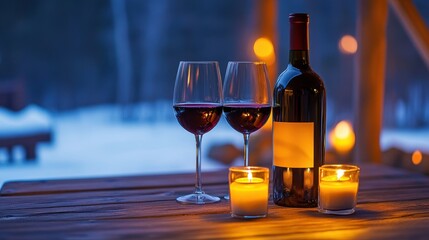 Cozy Evening in Cabin with Candlelight and Red Wine Setup