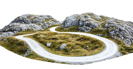 Curvy mountain road with greenery, cut out