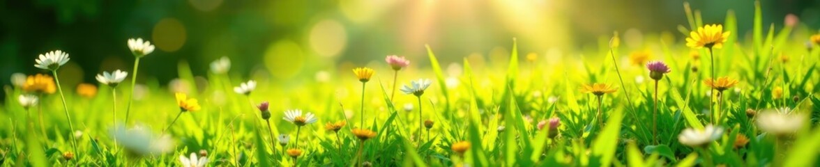 Fototapeta premium Sun-drenched meadow, vibrant green grass, wildflowers, ecology, scene