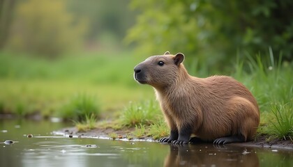 Adorable Capybara by the Lake in Lush Nature
