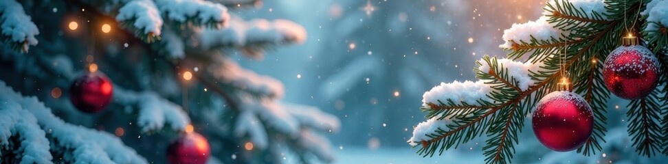Obraz premium Sparkling snow-covered pine branches with ornaments , conifer, tree, branches