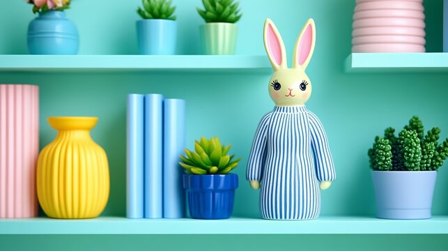 A Cutecore room corner featuring a pastel bookshelf filled with cute decor items like ceramic bunnies succulents and colorful trinkets 