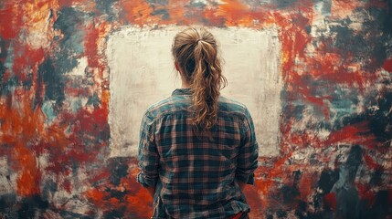 Obraz premium Person in Quiet Studio Standing Before Blank Canvas Background