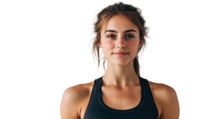 Confident young woman in athletic wear, smiling at the camera. Perfect for wellness, fitness, and lifestyle imagery. Isolated on white background.