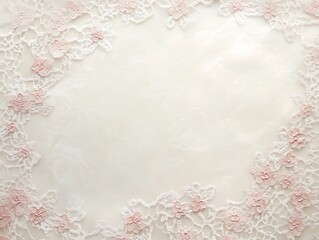 Fototapeta premium Delicate Pink Flowers Lace Frame on Cream Background