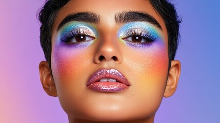 Creative full color eye makeup showcasing a rainbow ombre effect with shimmering pigments and precise winged eyeliner to accentuate the vibrant design 