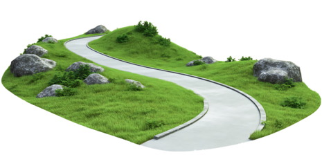 Curvy mountain road with greenery, cut out