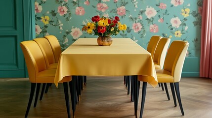 Maximalist dining room set with a colorful tablecloth mismatched chairs bold floral wallpaper and a dramatic gold centerpiece rare eclectic maximalism dining vibe 