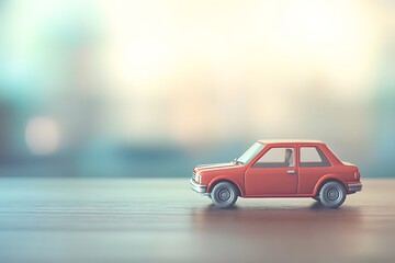 A car on a wooden table with neutral background and copy space