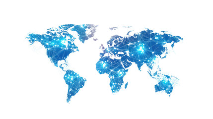 Fototapeta premium Digital world map illustration with glowing connections, representing global networking and communication on a white isolated background.