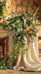 Fototapeta premium Boho chic wedding table runner adorned with succulents and greenery, runner, succulents