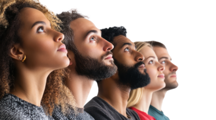 Diverse group of individuals looking upwards, showcasing different hairstyles and expressions, against a white isolated background.
