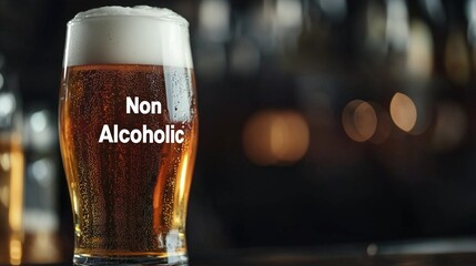 Non-alcoholic beer glass on bar counter symbolizes sober living choices.