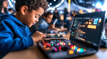 Young robotics enthusiast engaged in hands-on building at a tent workshop during a lively event
