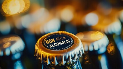 Close-up of a beer bottle cap labeled 'non alcoholic', surrounded by other bottles, symbolizing non-alcoholic beverage options.