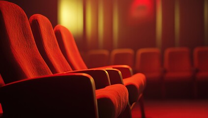 A cinematic shot of the seats in an empty cinema hall, with soft lighting highlighting their plush red
