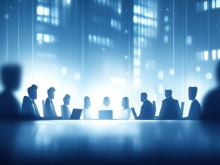 A group of silhouetted figures engages in a meeting against a futuristic cityscape backdrop illuminated by blue light.