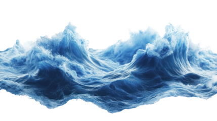 Dynamic ocean waves crashing with vibrant blue hues, capturing the energy and movement of the sea in breathtaking detail against a white background.