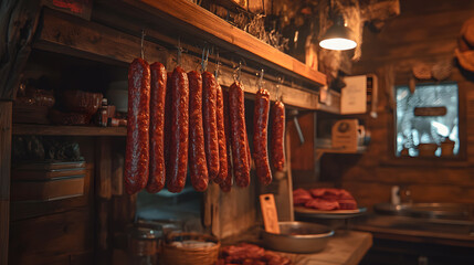 Sausage links hanging in traditional butcher shop with rustic decor. warm lighting and wooden shelves create cozy atmosphere, highlighting artisanal quality of meats