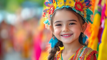 Fototapeta premium Joyful Little Girl Wearing Colorful Dress and Headband Smiling in Bright Natural Outdoor Setting