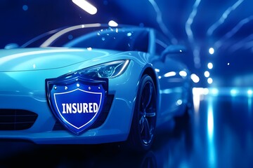 A sleek, modern car with a shield with insured text icon above the car to symbolize insurance protection