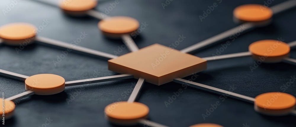 Poster a network diagram with orange nodes connected by lines to a central square, illustrating data flow o