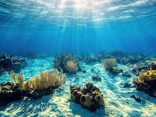 Sunlit Underwater Coral Reef Scene Serene Ocean Habitat Vibrant Marine Life