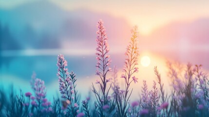 Obraz premium Pastel Sunset over a Field of Delicate Wildflowers