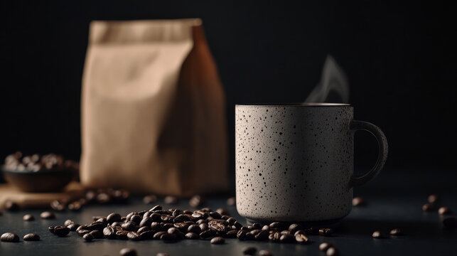White cup of coffee top view. Coffee beans and packing bag. An invigorating drink in the morning for breakfast. Food background.
