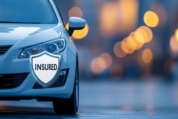 A sleek, modern car with a shield with insured text icon above the car to symbolize insurance...