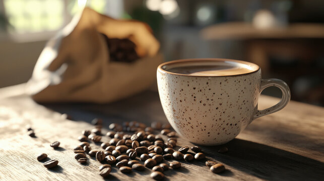 White cup of coffee top view. Coffee beans and packing bag. An invigorating drink in the morning for breakfast. Food background.