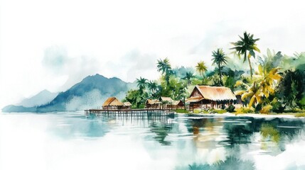 Naklejka premium Yap Day Tropical island resort with overwater bungalows and scenic mountain views