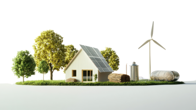 Eco-friendly homestead featuring a solar-powered house, wind turbine, trees, and farm elements on a green landscape.