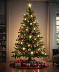 Christmas tree decorated with ornaments and lights, colorful balls, , twinkling lights