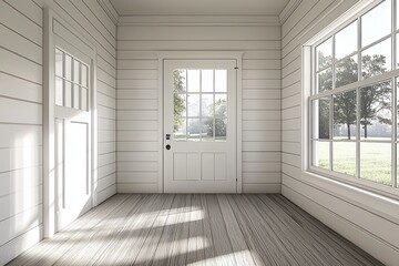 Fototapeta premium Bright and minimalistic interior space with white walls and large windows allowing natural light to fill the room during the day