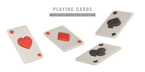 Realistic 3d playing cards. Casino game concept. Set of aces of different suits. Vector illustration