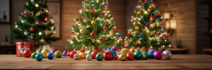 Christmas tree with colorful ornaments and lights displayed on a wooden table , decorations, holiday home
