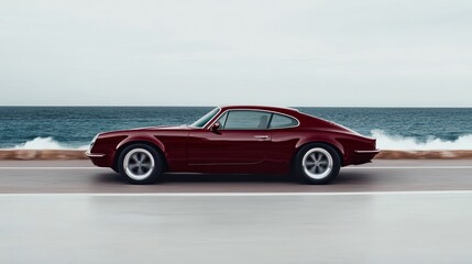 Obraz premium A classic cherry red muscle car speeding along a coastal road with ocean waves crashing in the background 
