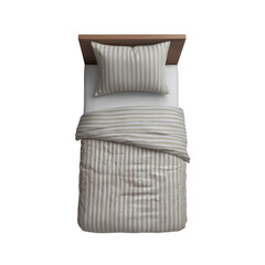 Overhead Shot of a Neatly Made Bed with Beige and White Striped Sheets, Transparent Background