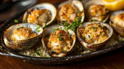 National Clams on the Half Shell Day Delicious baked stuffed clams with breadcrumb topping on a rustic plate
