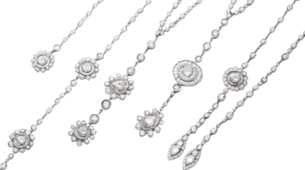 Elegant silver jewelry chains displayed on a white isolated background, showcasing intricate designs and patterns for fashion enthusiasts.
