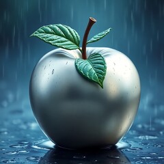 Silver apple with leaves in rain.