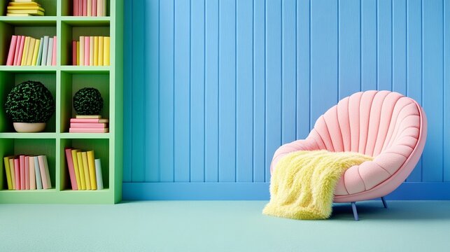 A cozy Cutecore reading nook with a pastel beanbag shelves filled with colorful books and a fluffy blanket draped over a pink chair 