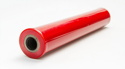 An industrial roller for hoisting equipment made of red polyurethane isolated on a white