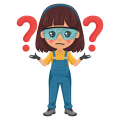 Maintenance technician with question sign for FAQ concept. Handy woman with personal protective equipment focused on maintenance tasks, repairs in industrial and domestic environments