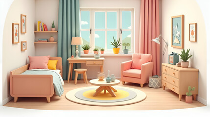 Step into a tranquil haven! This charming room boasts pastel hues, comfy furniture, and a sunlit window, creating a peaceful and inviting atmosphere for relaxation and calm.