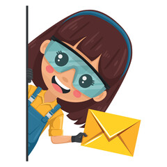 Maintenance technician peeking out from behind a wall with letter envelope for email. Concept of communication, notification and contact. Handy woman focused on repairs in industrial and domestic